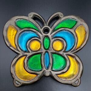 Vintage Faux Stained Glass Cast Iron Butterfly Trivet